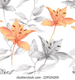 Seamless background of watercolor flowers. Lilies flowers on a white background.