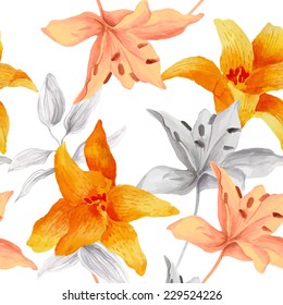 Seamless background of watercolor flowers. Lilies flowers on a white background.