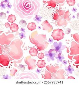 Seamless background watercolor flowers pink. hand drawing. Not AI, Vector illustration