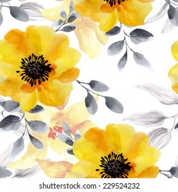 Seamless background of watercolor flowers. Seamless texture with romantic yellow roses.