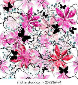 Seamless background with watercolor flowers. Vector