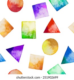 Seamless background with watercolor geometric shapes. Watercolor design elements isolated on white background. Colorful square, rectangle, circle, triangle.