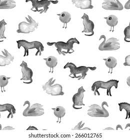 Seamless background with watercolor painted animals. Vector pattern. 