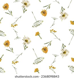 Seamless background of watercolor sketches various wildflowers 