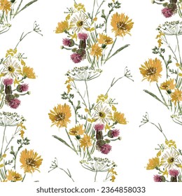 Seamless background of watercolor sketches of wildflowers bouquets