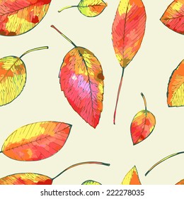 Seamless background  with watercolor yellow, orange and red autumn leaves
