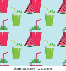 Seamless background of watermelon juice and watermelon slice. Vector illustration.