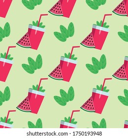 Seamless background of watermelon juice and watermelon slice. Vector illustration.