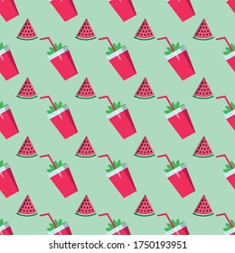 Seamless background of watermelon juice and watermelon slice. Vector illustration.