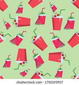 Seamless background of watermelon juice and watermelon slice. Vector illustration.
