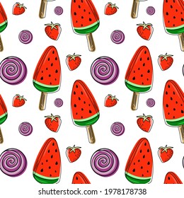 Seamless background with watermelon. Watermelon on a stick. Vector illustration. A simple pattern. Summer time