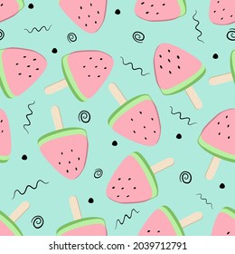 Fondo inmaculado con sandía sobre un palo. Ilustración vectorial, Patrón simple. Verano sobre fondo verde pastel.