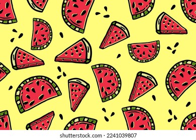 Seamless background with watermelon. Pieces of watermelon on a yellow background. Summer time. A simple pattern. Vector illustration