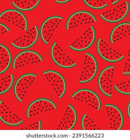 Seamless background with watermelon. Pieces of watermelon on a red background. Summer time. A simple pattern. Vector illustration.