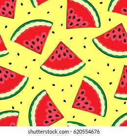 Seamless background with watermelon. Pieces of watermelon on a yellow background. Summer time. A simple pattern. Vector illustration.