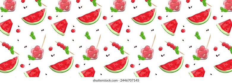 Seamless background with watermelon slices, watermelon balls, dessert. Vector illustration in cartoon style.