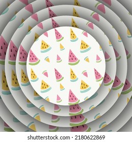 Seamless background with watermelon slices. Bright watercolor sketch of watermelon. Abstract 3D circular pedestal or podium in vibrant color. View from above.
