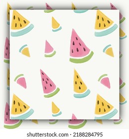 Seamless background with watermelon slices. Bright watercolor sketch of watermelon. Template background and wrapping paper, the backdrop of postcards and cards.