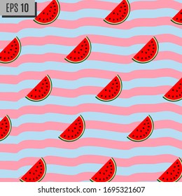 Seamless background with watermelon slices on blue striped background. Vector illustration.
