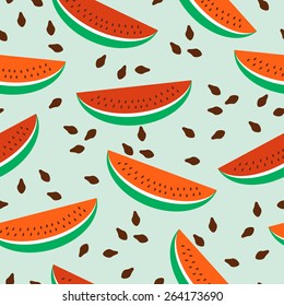 Seamless background with watermelon slices on green background.