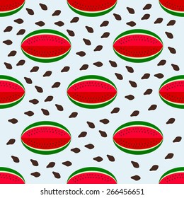 Seamless background with watermelon slices on green background.