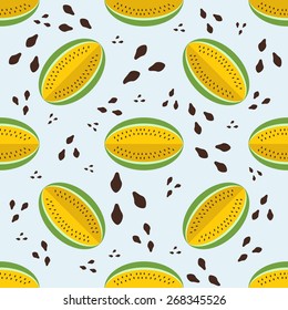 Seamless background with watermelon slices on green background.
