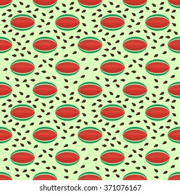 Seamless background with watermelon slices on green background.