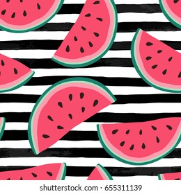 Seamless background with watermelon slices on black and white watercolor stripes . design for holiday greeting card and invitation of seasonal summer holidays, summer beach parties, tourism and travel