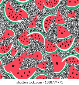 Seamless background with watermelon slices. Pattern for greeting card and invitation of seasonal summer holiday. Vector background.