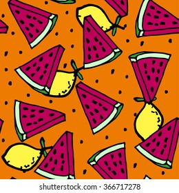 Seamless background with watermelon slices. pattern with fresh watermelon and lemon vector yellow  background. retro single sketch  with polka dot pattern