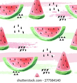 Seamless background with watermelon slices. Vector illustration. Watercolor background.