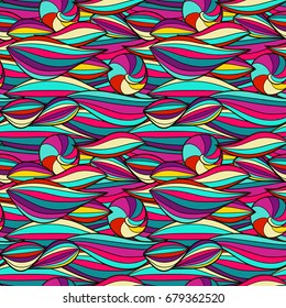 Seamless background with wave patterns and seashells