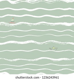 seamless background waves brush with boats in the distance