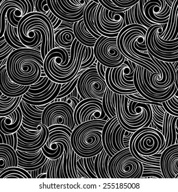 Seamless background, waves clouds pattern. Black and white.