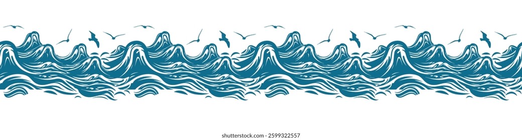 Seamless background waves and seagulls. Not AI, Vector illustration.