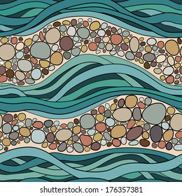 Seamless background with waves and stones in bright colors