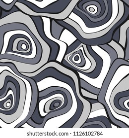 Seamless Background with Wavy Round Abstraction. Hand Drawn Music Pattern in Ethnic Style. Vector Psychedelic Illustration with Deformed Circles. Wavy Seamless Pattern for Fabric, Textile, Cloth.