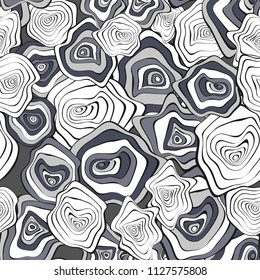 Seamless Background with Wavy Round Abstraction. Hand Drawn Music Pattern in Ethnic Style. Vector Psychedelic Illustration with Deformed Circles. Wavy Seamless Pattern for Fabric, Textile, Cloth.