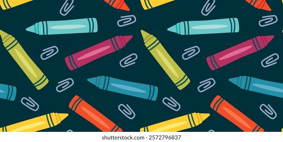 Seamless background with with wax crayons and paper clips. Pattern with simple style elements on dark backdrop