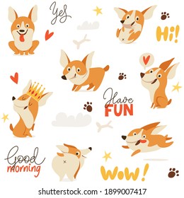 Seamless background with welsh corgi icons and lettering for textile or any prints in doodle style. Textile packing paper pattern  doodle icons and symbols in trendy hand drawn style. 