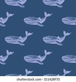 Seamless background whales in deep ocean. Vector illustration