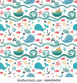 Seamless background with whales, fish and ship.
