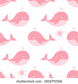 Seamless background with whales. Pink whale cartoon character sea theme. Use for baby design, clothing, baby shower, print, template, greeting card. Vector illustration.