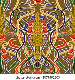 Seamless background with wheat and flowers in art nouveau style, vector illustration