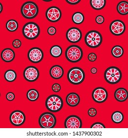 Seamless background. Wheels isolated on a red background. Techno pattern. Texture with different wheels. Theme design for cars and any vehicles, auto service. Flat style. EPS 10 vector illustration.