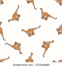 Seamless background Whimsical Apatosaurus dinosaur gender neutral baby pattern. Simple minimal earthy 2 tone color. Kids nursery wallpaper or boho cartoon animal fashion all over print.