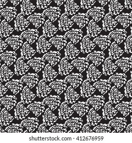 Seamless background with white abstract twisting and curved hand-drawn strokes on black backdrop