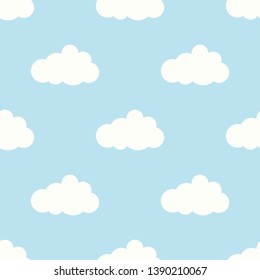 Seamless background with white big clouds on blue sky. Overcast pattern. Vector illustration. Cartoon weather wallpaper.
