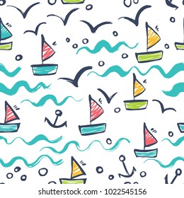 Seamless background with white boats. Children style.