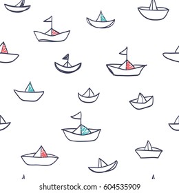 Seamless background with white boats. Children style.
